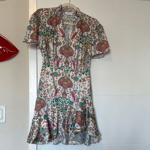 Sandro Pink and Green Ruffled Sundress with Plunge Neckline